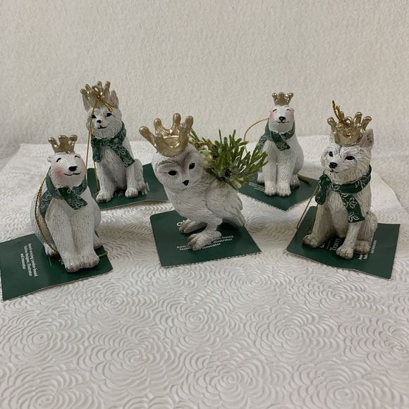 5 Christmas Tree Ornaments Fox Bear Owl with Crowns Ceramic White Green Gold Lot
